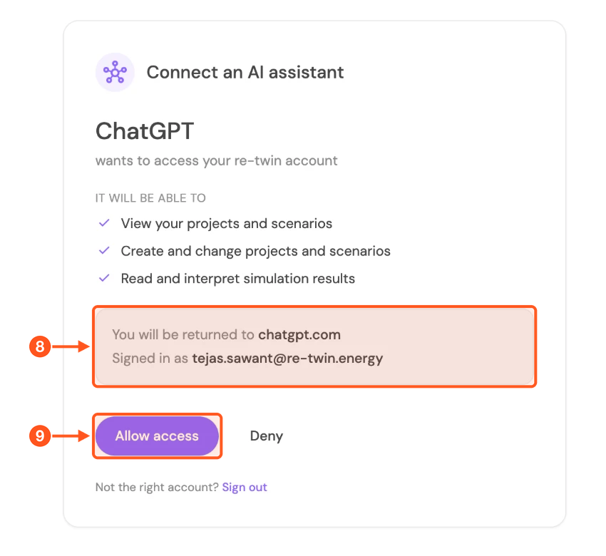 Re-Twin Connect an AI assistant page for ChatGPT with Allow access highlighted