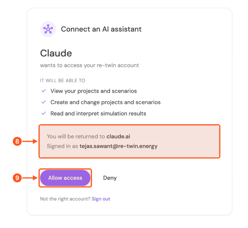 Re-Twin Connect an AI assistant page for Claude with Allow access highlighted