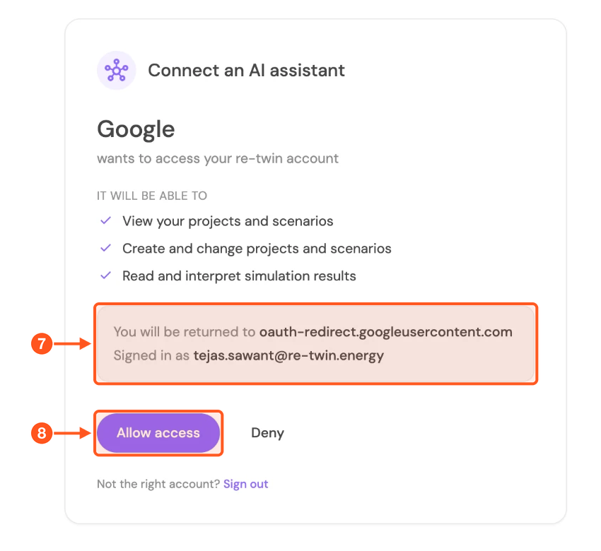 Re-Twin Connect an AI assistant page for Gemini with Allow access highlighted