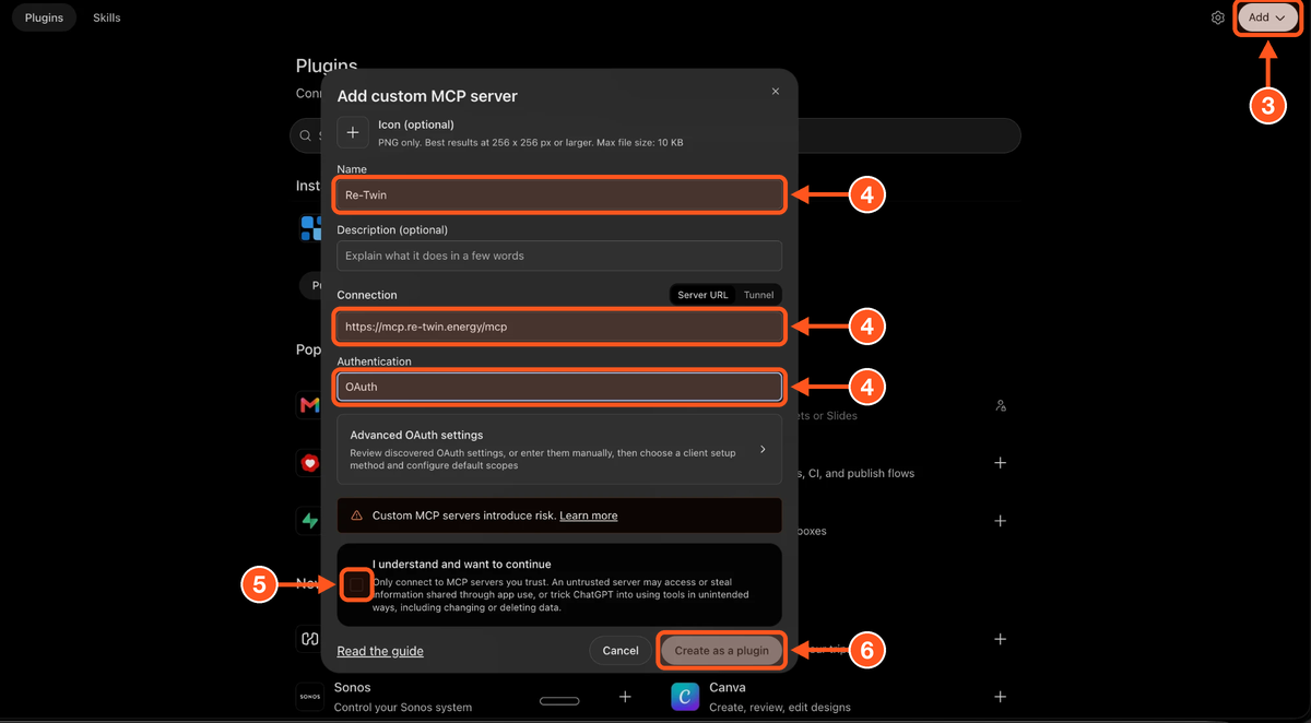 ChatGPT add custom MCP server form