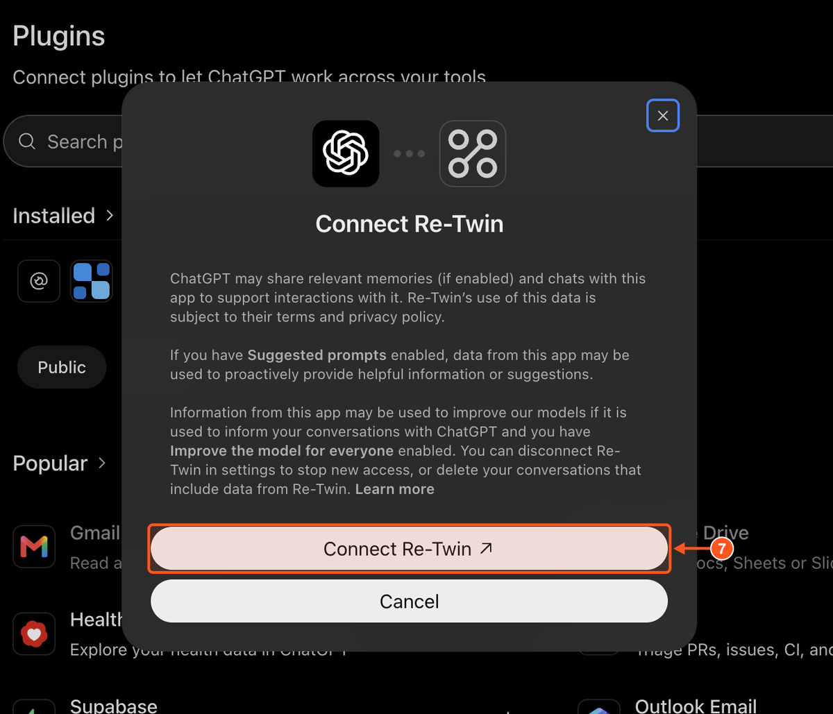 ChatGPT Connect Re-Twin window with the Connect button highlighted