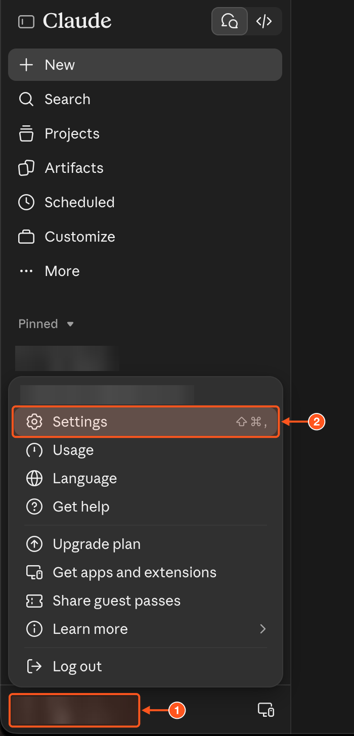 Claude profile menu with Settings highlighted
