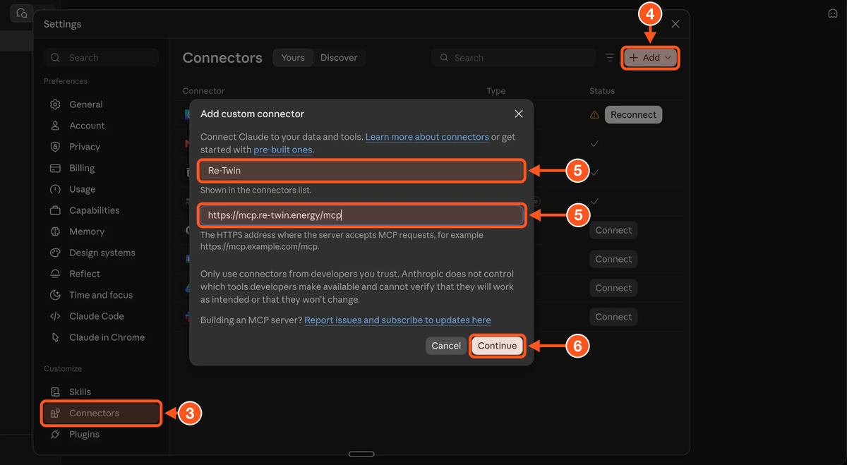 Claude add custom connector dialog with name and URL