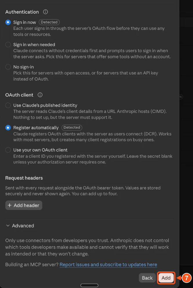 Claude connector options with the Add button highlighted