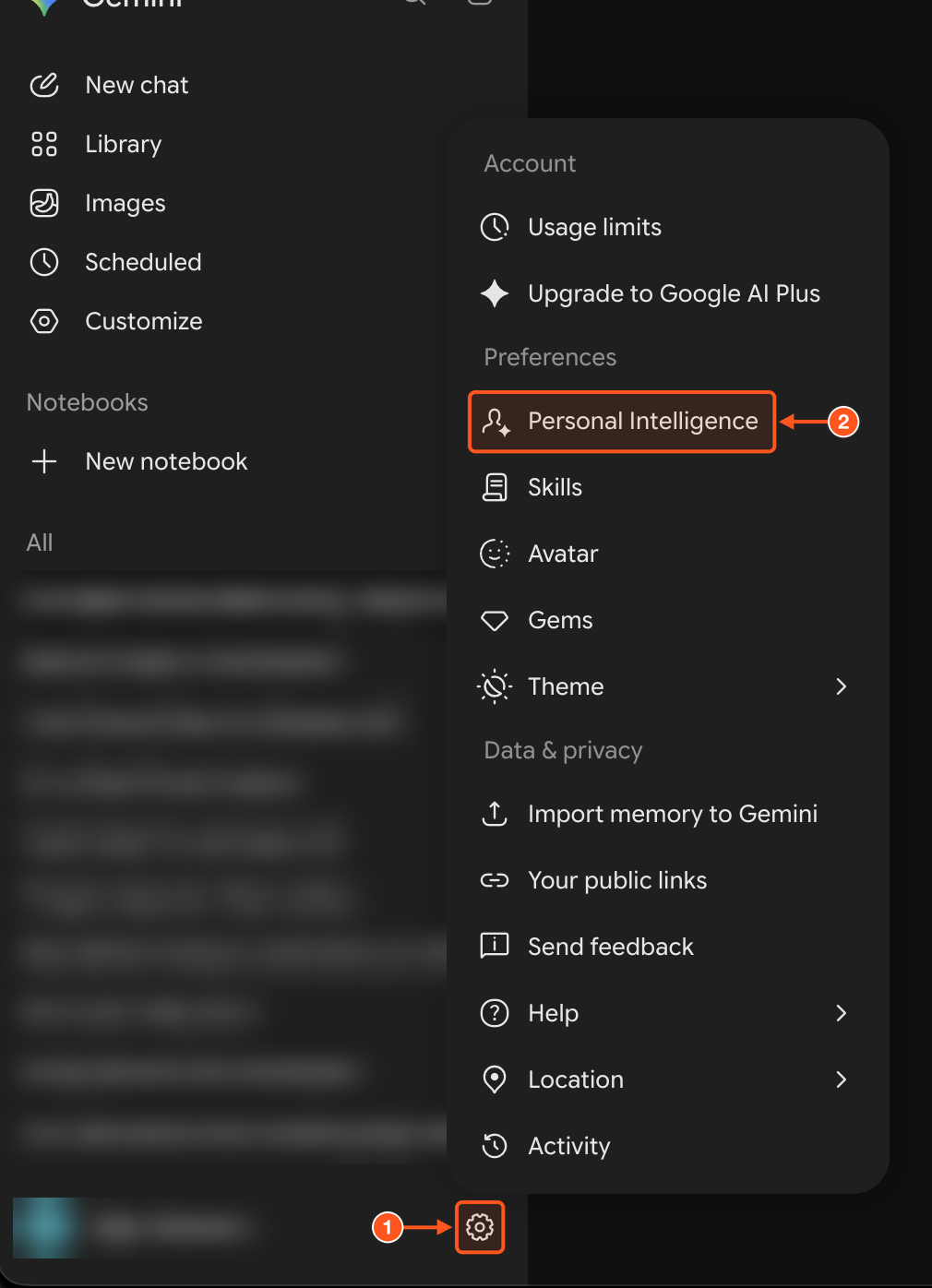 Gemini settings menu with Personal Intelligence highlighted