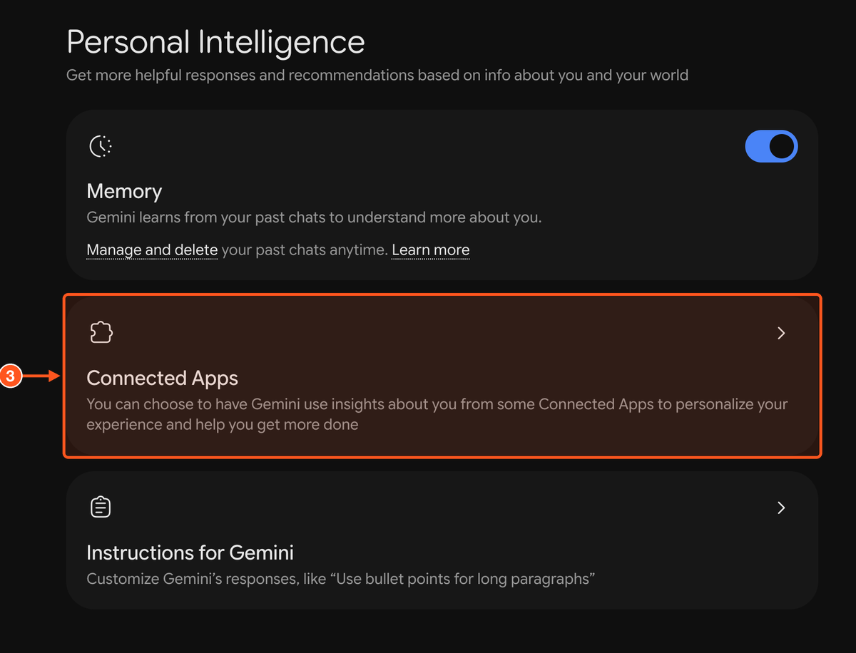 Gemini Personal Intelligence page with Connected Apps highlighted