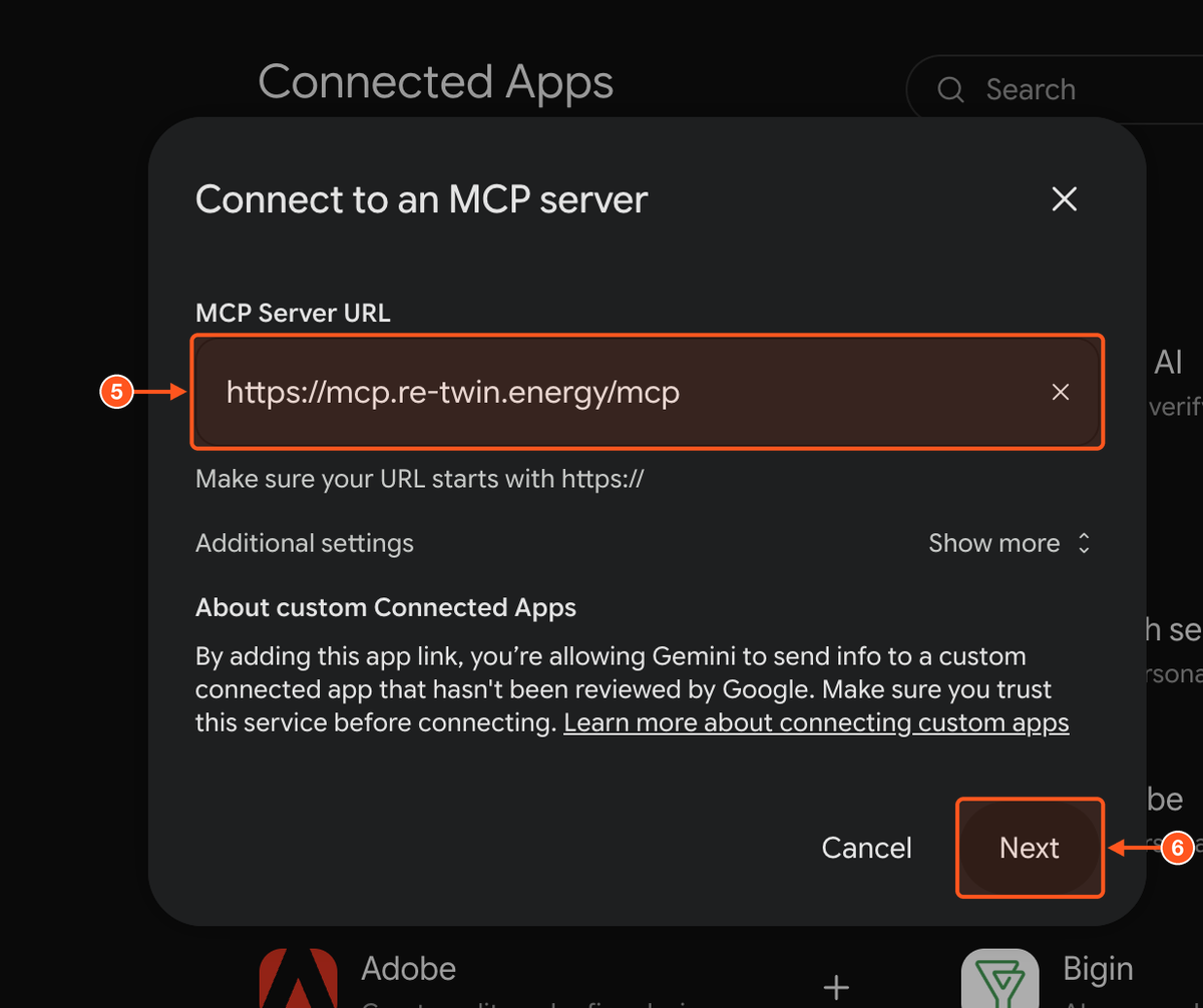 Gemini Connect to an MCP server window with the URL and Next button highlighted